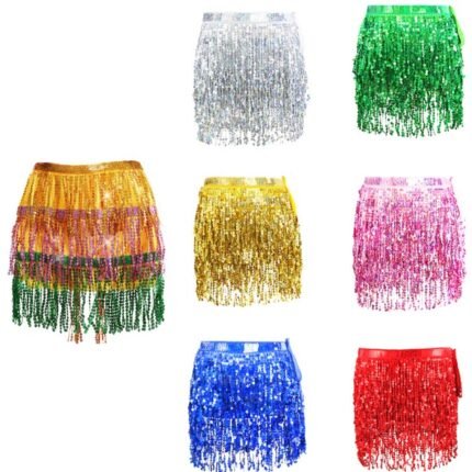 Women Sexy Belly Dance Sequins Tassel Short Skirt