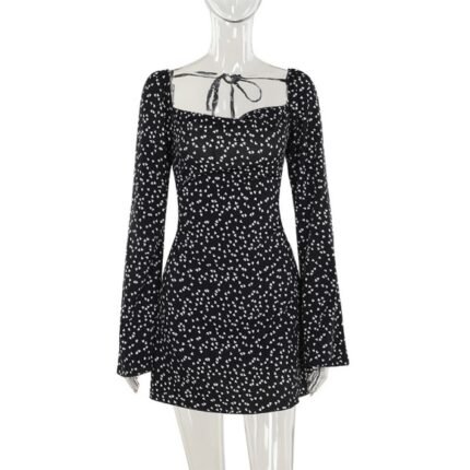 Women Spring Bandage Polka Dot Print Slim A-line Dress