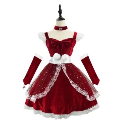 cute flash princess Christmas dress burgundy dress maid suit Netflix live show clothes