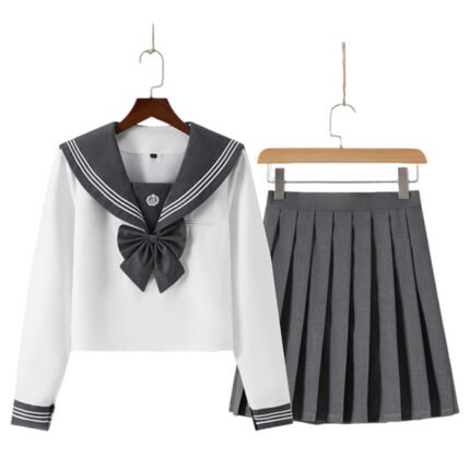 Women Spring Embroidery Sailor JK Uniform Pleated Skirt Set Gray