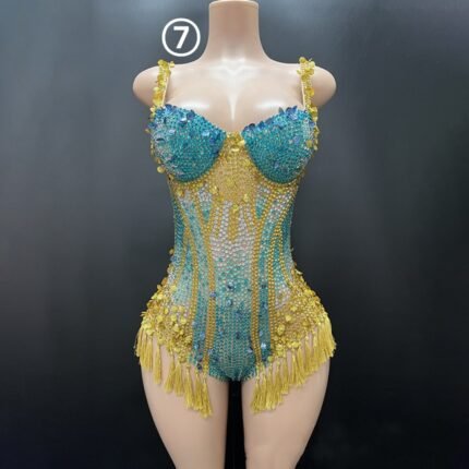 Women Singer Fashion Sexy Nightclub Sticky Drill Bustier Rhinestone Chain Waist Bodysuit Costumes