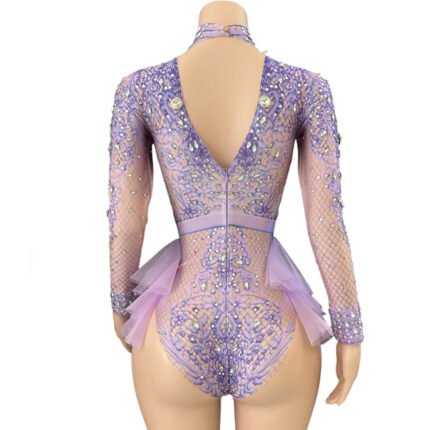 Female Singer Rhinestone Mesh Dance Bodysuit Costumes