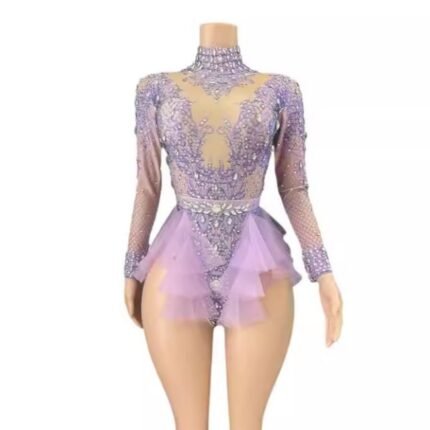 Female Singer Rhinestone Mesh Dance Bodysuit Costumes