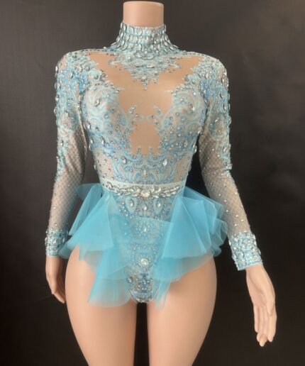 Female Singer Rhinestone Mesh Dance Bodysuit Costumes