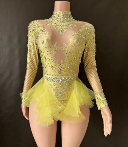 Female Singer Rhinestone Mesh Dance Bodysuit Costumes