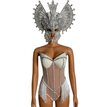 Women Singer Sexy See-Through Mesh Tassel Bodysuit Nightclub Party Show Costumes