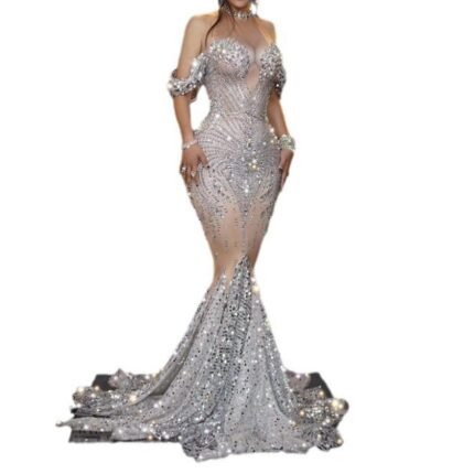 Women Singer Sexy Bling Bling Sequins Fishnet Halter Evening Show Dress