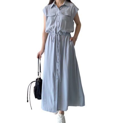 Women Summer Casual Lapel Dress Sleeveless Pocket Shirt Dress