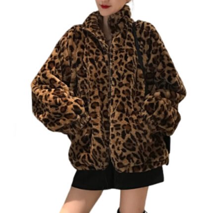 Women Winter Leopard Fur Plush Warm Coat Jacket Outwear