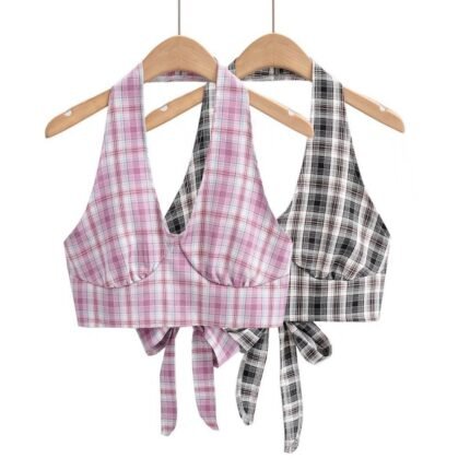 Spicy Girl Sexy V-neck Tie Backless Plaid Halter Tank Tops Female Short Blouse