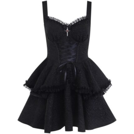 Women V-Neck Gothic Bandage Backless Slim Waist Dress Black