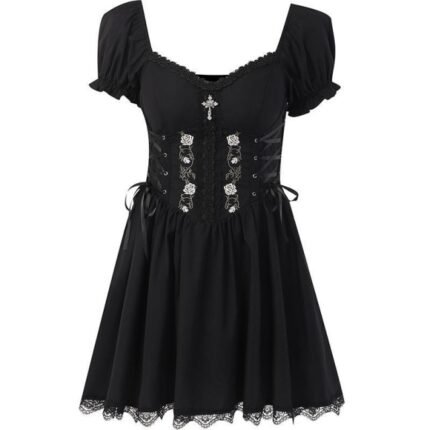 Women Gothic V-Neck Lace Slim Waist Dress Party Dresses