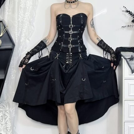 Women Summer Gothic Bandage A-Line Skirt Black