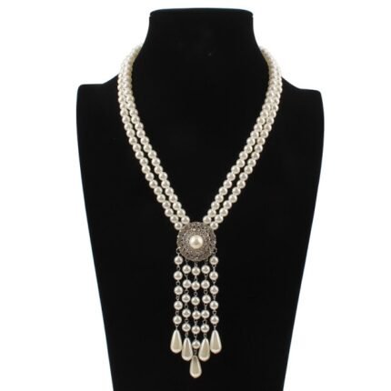 Women Multi-Layer Pearl Tassel Necklace Rhinestone Sweater Chain