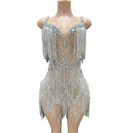 Women Singer Sexy Tassels Rhinestone Beaded Party Dress