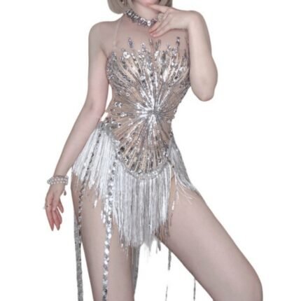 Female Singer Rhinestone Sequins Bodysuit Performance Clothes