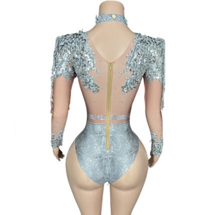 Women Singer Tassel Design Stage Costume Standing Shoulder Jumpsuit