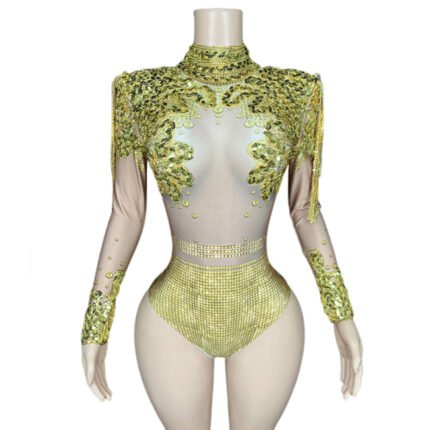 Women Singer Tassel Design Stage Costume Standing Shoulder Jumpsuit