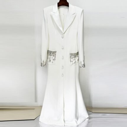 Women Singer Star Fashion Fishtail Full Dress Bead Rhinestone Suit Collar Dress