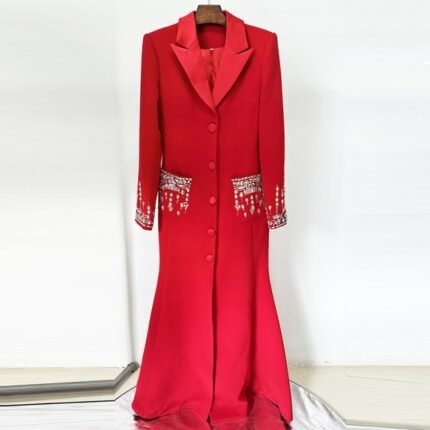 Women Singer Star Fashion Fishtail Full Dress Bead Rhinestone Suit Collar Dress