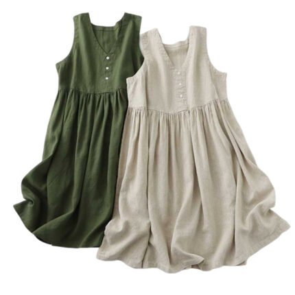 Female Summer Japanese V-neck Cotton Linen Sleeveless Tank Dress