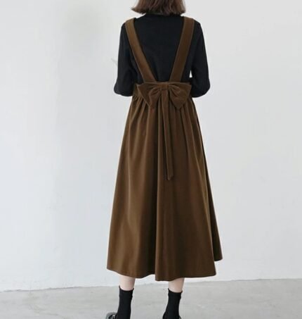 Women Autumn Winter Velvet Bow Strap Dress