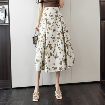 Women Summer High Waist Print Floral A-Line Pleated Skirt