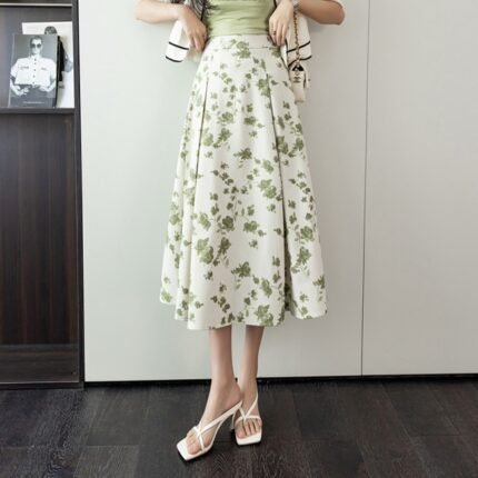 Women Summer High Waist Print Floral A-Line Pleated Skirt