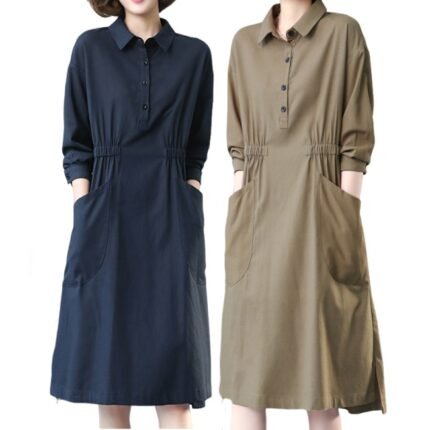 Women Korean Style Solid Color Casual Loose Waist Shirt Dress