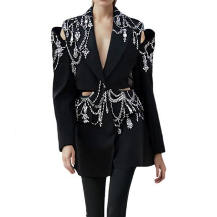 Women Star Singer Spring Hollow Out Rhinestone Thin Suit Formal Wear Outwear