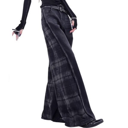 Women Gothic NICHE Jeans Denim Plaid Loose Mop Pants Wide Leg Pants