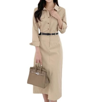 Korean Chic Style Spring Elegant Vintage Lapel Collar Slim Waist Slim Dress With Belt