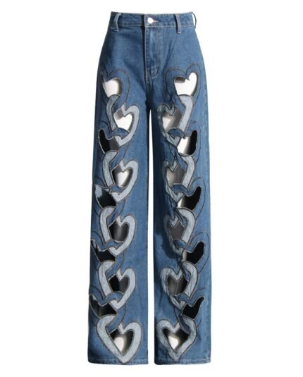 Women Fashion Jeans Denim Hollow Out Print Wide Leg Pants