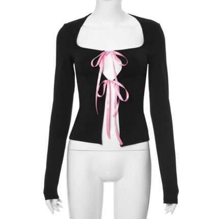 Women Spicy Girl Bow Tie Long Sleeve Cardigan Tee Top T-Shirt