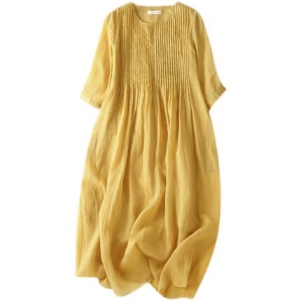 Female Mother Summer Literary Pleated Cotton Linen Plus Size Loose Dress