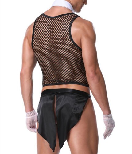 Men’s Sexy Sheer Mesh Maid Costume – See-Through Lingerie Butler Outfit for Nightclub, Roleplay & Party – Erotic Uniform Cosplay Set with Apron, Collar & Cuffs