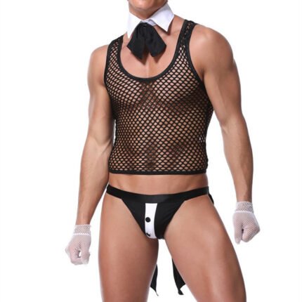 Men’s Sexy Sheer Mesh Maid Costume – See-Through Lingerie Butler Outfit for Nightclub, Roleplay & Party – Erotic Uniform Cosplay Set with Apron, Collar & Cuffs