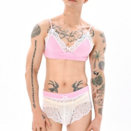 Gay Men Sissy Lace Bow Erotic Lingerie Sleepwear Underwear Set