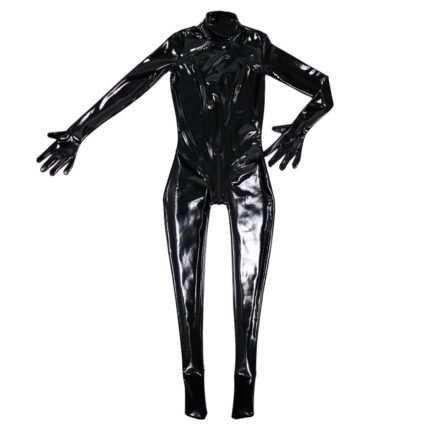 Women Sexy Latex Catsuit Full Jumpsuit Cosplay Game Uniform With Zip Back Through Crotch Black