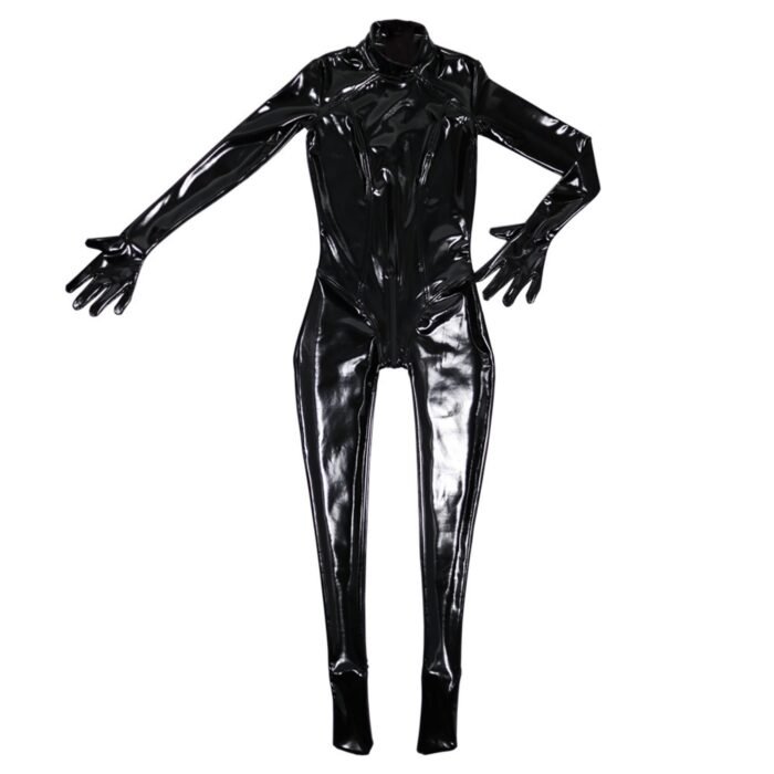 Women Sexy Latex Catsuit Full Jumpsuit Cosplay Game Uniform With Zip Back Through Crotch Black