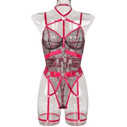 Women Leopard Print Sheer Mesh Bodysuit Teddy Lingerie