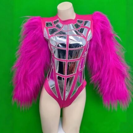 Pop Star Female Singer Outfits Nightclub Rose Feather Bodysuit
