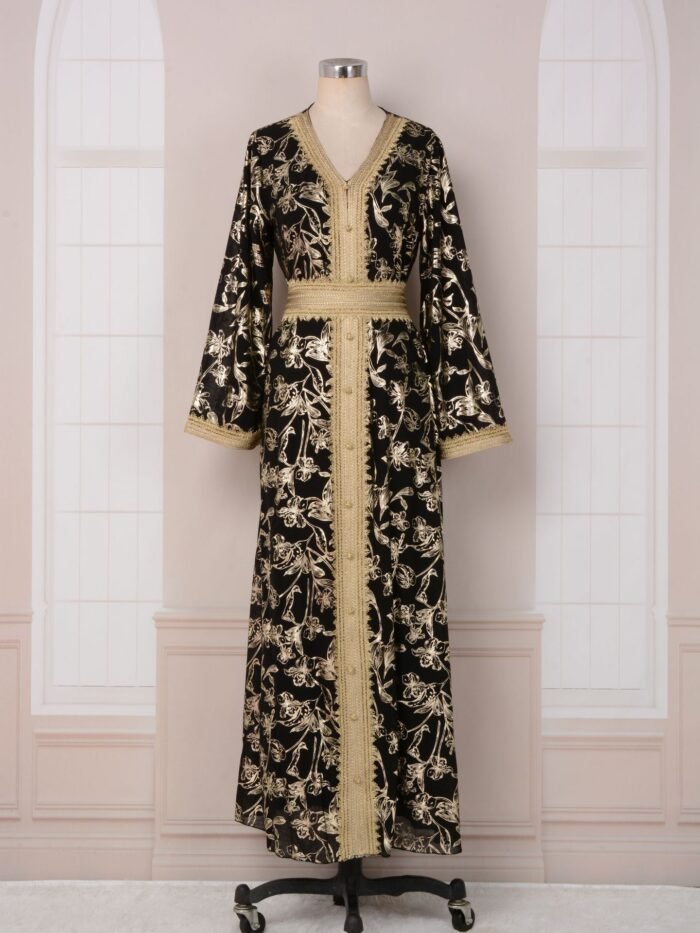 Middle East Dubai Muslim Abaya Women's Evening Dress Grab Flower Stamped Robe