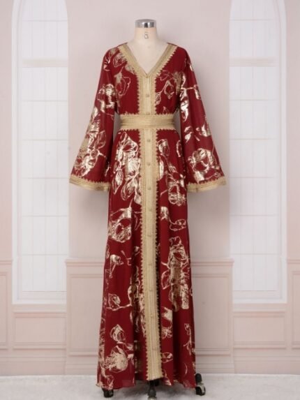 Middle East Dubai Muslim Abaya Women's Evening Dress Grab Flower Stamped Robe