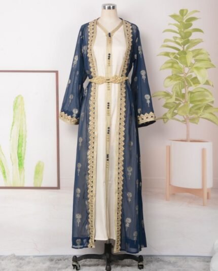 Arab Robe Dress Women Embroidered Cardigan Vest Two Piece Set
