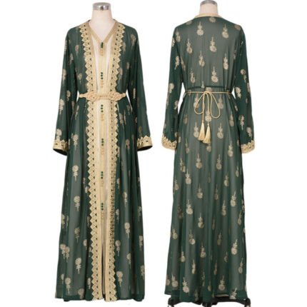 Arab Robe Dress Women Embroidered Cardigan Vest Two Piece Set
