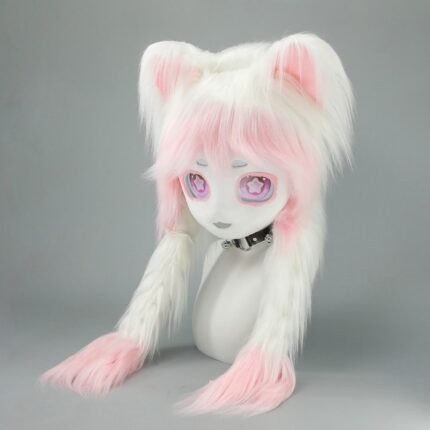 Lolita Cat Ear Furry Headpiece – Plush Braided Animal Head for Cosplay, Anime Convention, Kigurumi Fursuit Mask